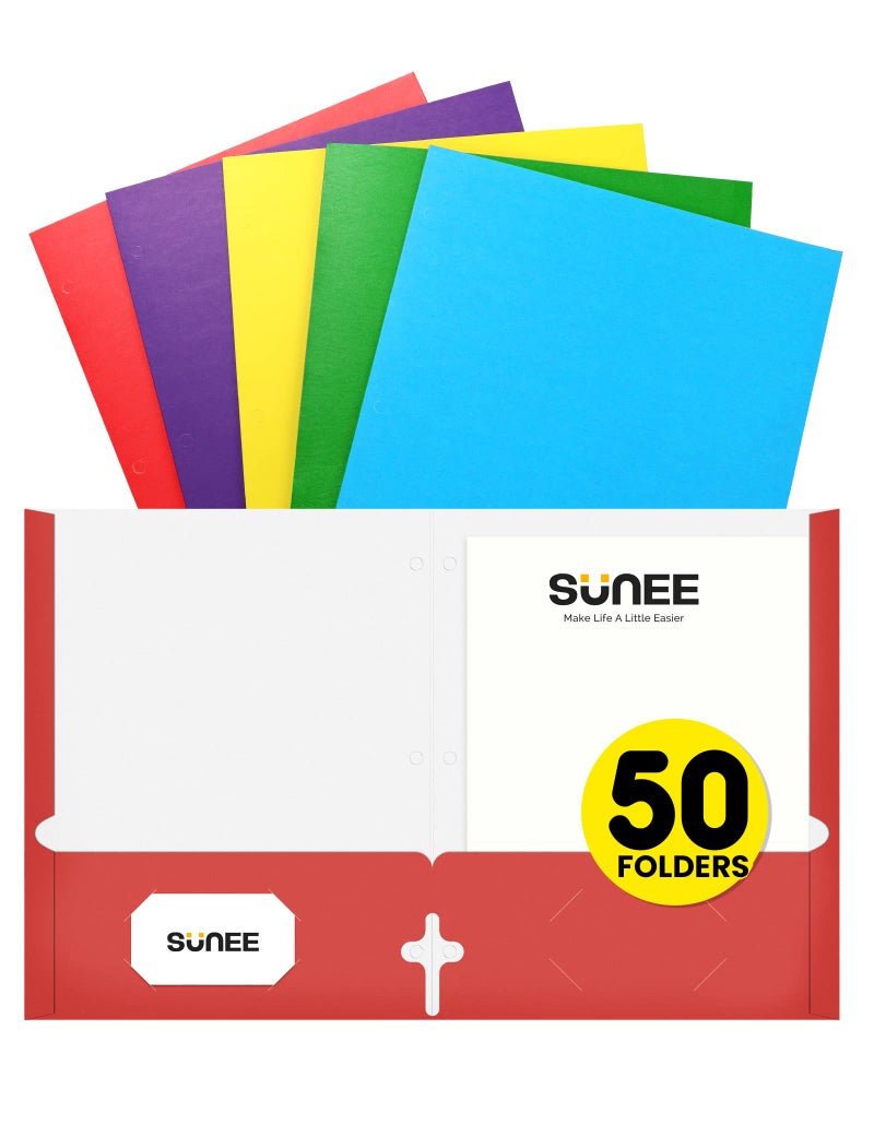 SUNEE Folders with Pockets 3 Hole Punched(50 Pack, Assorted Colors), 2 Pocket Folders Fit Letter Size Paper, Paper File Folder for School Office Home Bussiness - Image 1