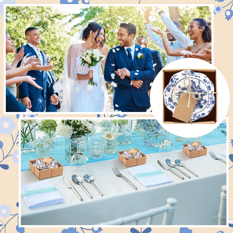 SiliFine 24 Pcs Wedding Favors for Guests Small Ceramic Bowl Bulk Gifts Set 3.3 Inch Floral Design Mini Dipping Sauce Dish with Card Box for Bridal Pooja Baby Shower Birthday (Flower,Blue) - Image 3