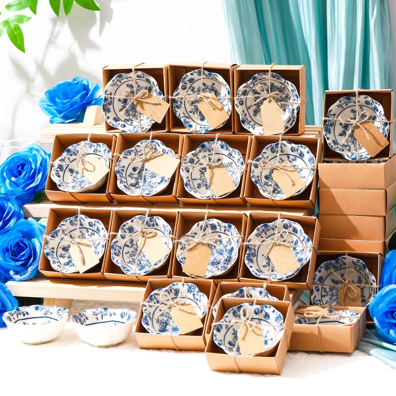 SiliFine 24 Pcs Wedding Favors for Guests Small Ceramic Bowl Bulk Gifts Set 3.3 Inch Floral Design Mini Dipping Sauce Dish with Card Box for Bridal Pooja Baby Shower Birthday (Flower,Blue) - Image 1