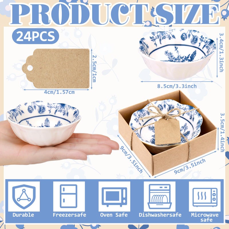 SiliFine 24 Pcs Wedding Favors for Guests Small Ceramic Bowl Bulk Gifts Set 3.3 Inch Floral Design Mini Dipping Sauce Dish with Card Box for Bridal Pooja Baby Shower Birthday (Flower,Blue) - Image 5