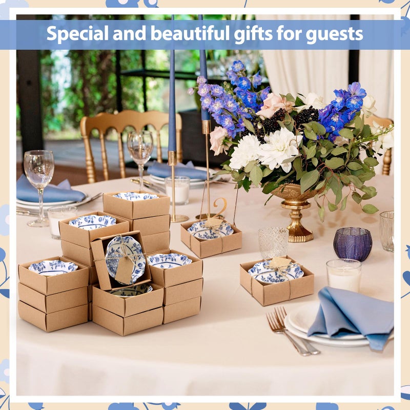 SiliFine 24 Pcs Wedding Favors for Guests Small Ceramic Bowl Bulk Gifts Set 3.3 Inch Floral Design Mini Dipping Sauce Dish with Card Box for Bridal Pooja Baby Shower Birthday (Flower,Blue) - Image 2