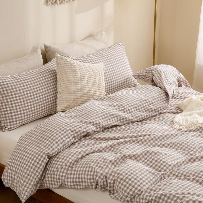 TOCOMOA Tan Gingham Duvet Cover Bedding Set 100% Washed Cotton Like Linen Feel Super Soft Comfy 3 Piece Brown Vintage Plaid Checkered Fall Comforter Cover Set (Queen 90"x90", Comforter Not Included) - Image 4