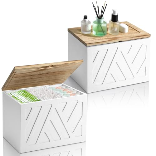 MROUEN 2Pcs Tampon Holder for Bathroom Decor, Feminine Product Organizer, Shark Week Tampon Storage with Lid, Wood Pad Box for Toilet, Lady Girl Stuff Organizer Case Bathroom Accessories- White - Image 1