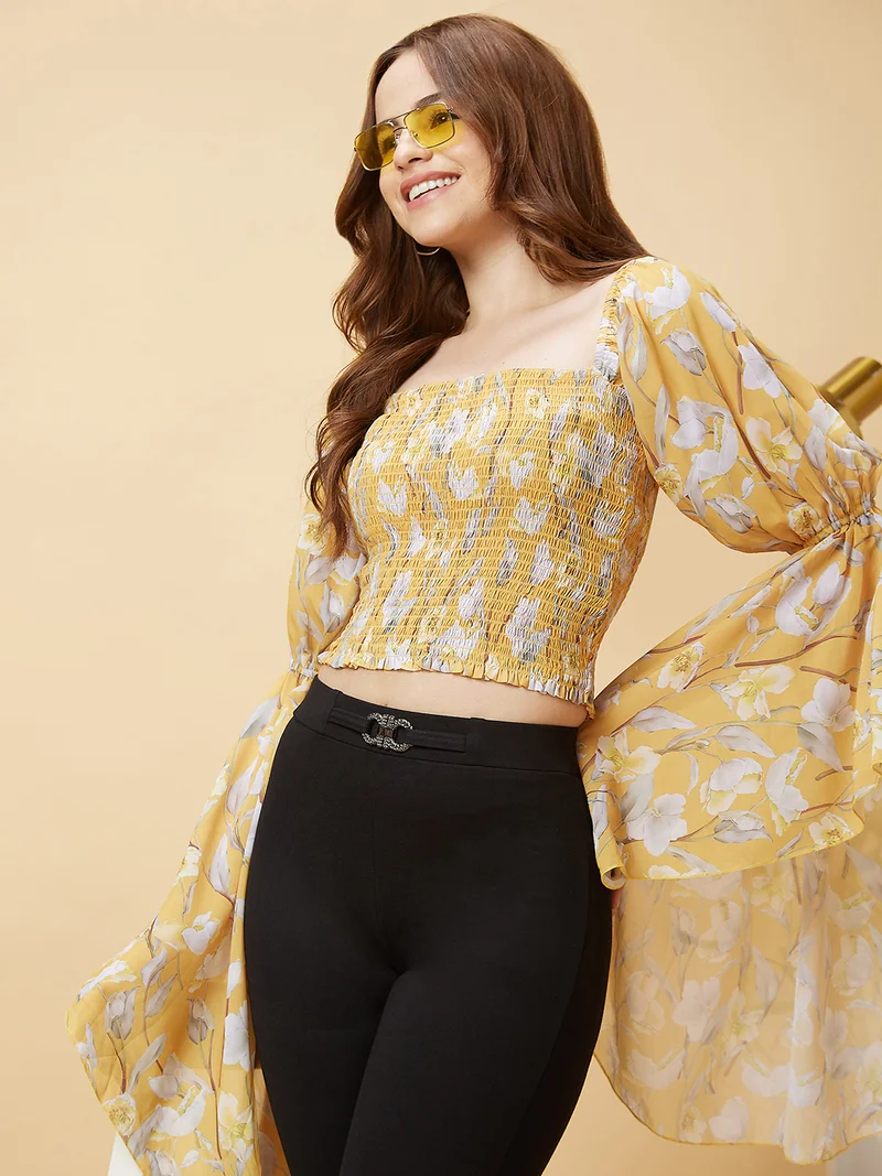 Women Yellow Floral Printed Bell Sleeves Fitted Crop Top