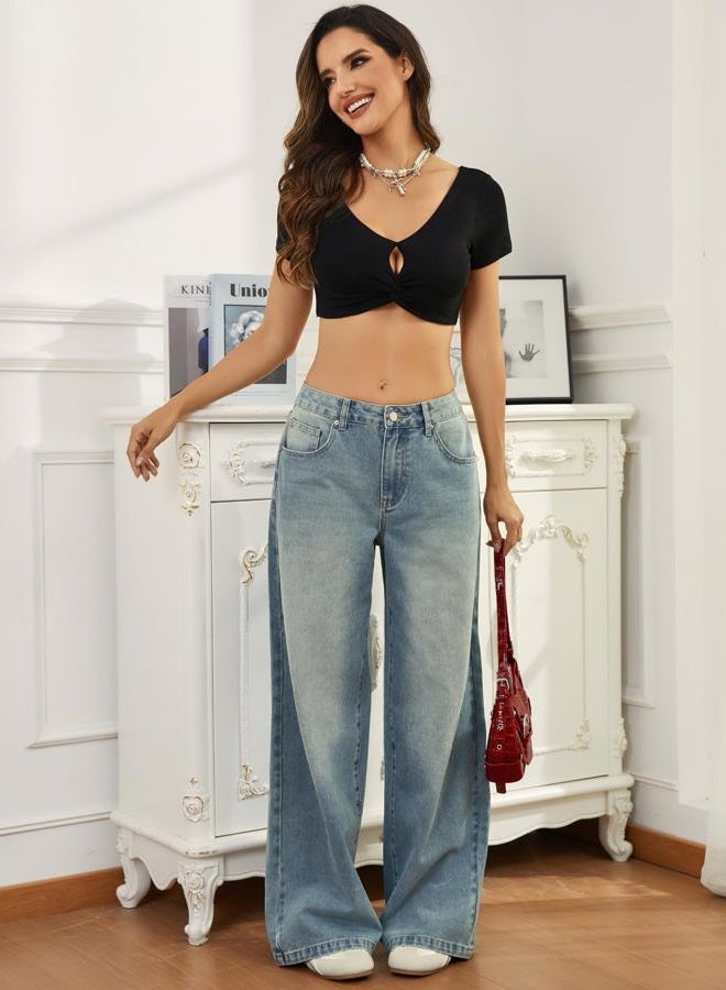 Wanduyini Adjustable Waist Straight Leg Jeans for Women Y2K Baggy Jeans with Snap-Button Mid Low Rise Denim Pants, Vintage Blue, XXL - Image 3