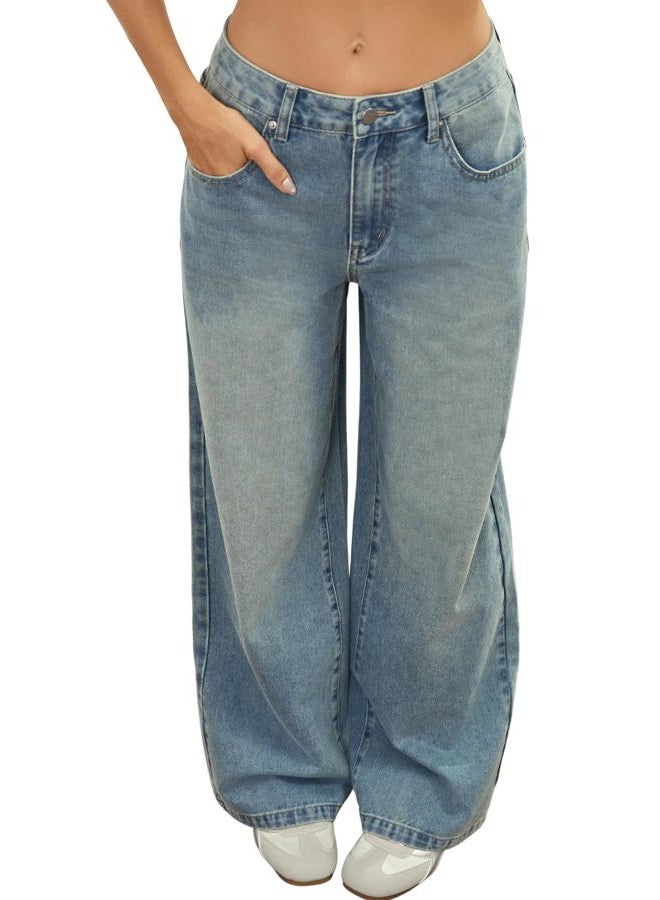 Wanduyini Adjustable Waist Straight Leg Jeans for Women Y2K Baggy Jeans with Snap-Button Mid Low Rise Denim Pants, Vintage Blue, XXL - Image 1