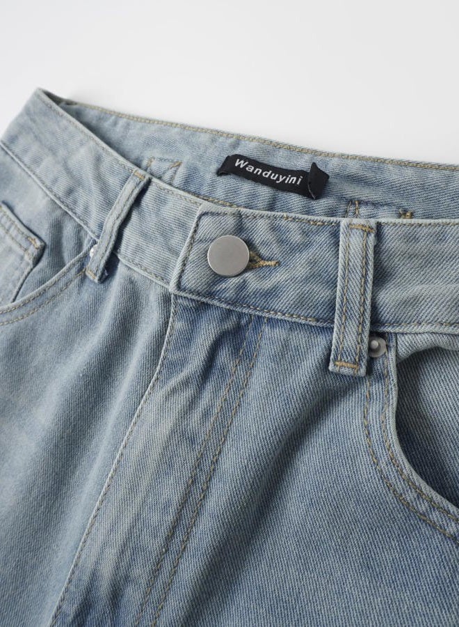 Wanduyini Adjustable Waist Straight Leg Jeans for Women Y2K Baggy Jeans with Snap-Button Mid Low Rise Denim Pants, Vintage Blue, XXL - Image 5