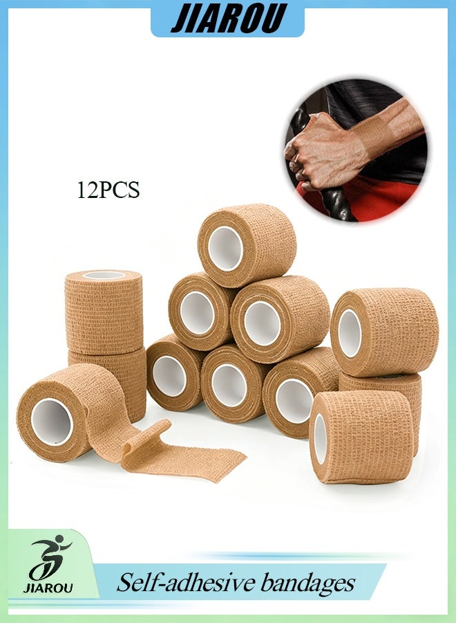 JIAROU 12 Pack Self Adhesive Bandage Wrap 2" x 5 Yards Athletic Tape Vet Wrap Tattoo Supplies Wrap Medical Supplies Elastic Cohesive Bandage Wrist Ankle Sports Tape (Beige) - Image 1