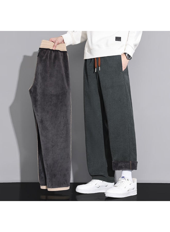 Dingfengbaoluo Men's Casual Pants Autumn Winter Fleece Lined Thickened Loose Straight Fit Versatile Sweatpants Wqz20 Dark Gray 2XL - Image 4