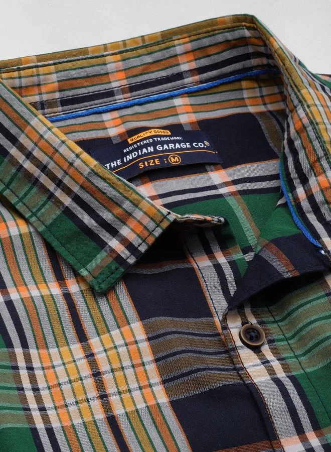 The Indian Garage Co Men Slim Fit Checkered Half Sleeves Cutaway Collar Casual Shirt