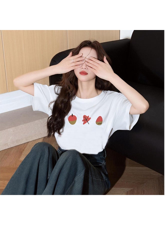 Tonlion Summer Women's Front Chest Pattern Printed Round Neck Short Sleeve T-shirt White L - Image 1