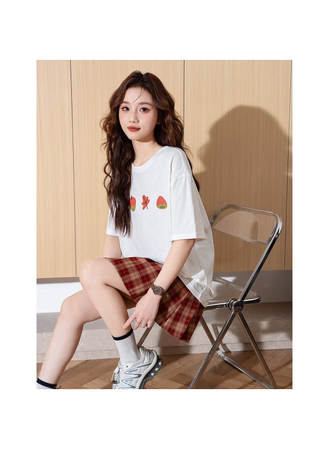 Tonlion Summer Women's Front Chest Pattern Printed Round Neck Short Sleeve T-shirt White L - Image 2