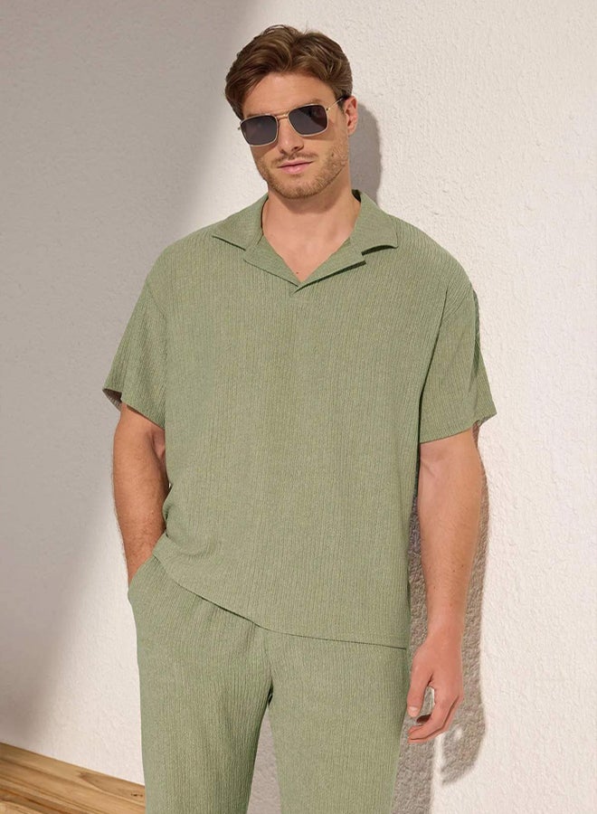 trendyol Mint Oversize/Wide Cut Textured Knitted Polo Neck T-shirt - Image 2