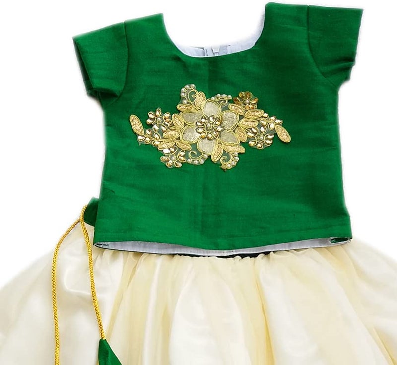 Stanwells Kids Baby Girls Cotton Silk Readymade Lehenga Choli Set | Traditional Embroidered South Indian Pattu Pavadai Ethnic Wear – Green (3–4 Years) - Image 3