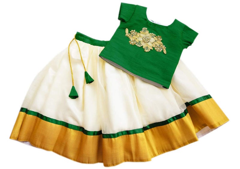 Stanwells Kids Baby Girls Cotton Silk Readymade Lehenga Choli Set | Traditional Embroidered South Indian Pattu Pavadai Ethnic Wear – Green (3–4 Years) - Image 1