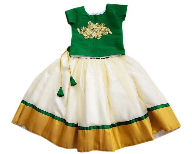Stanwells Kids Baby Girls Cotton Silk Readymade Lehenga Choli Set | Traditional Embroidered South Indian Pattu Pavadai Ethnic Wear – Green (3–4 Years) - Image 2
