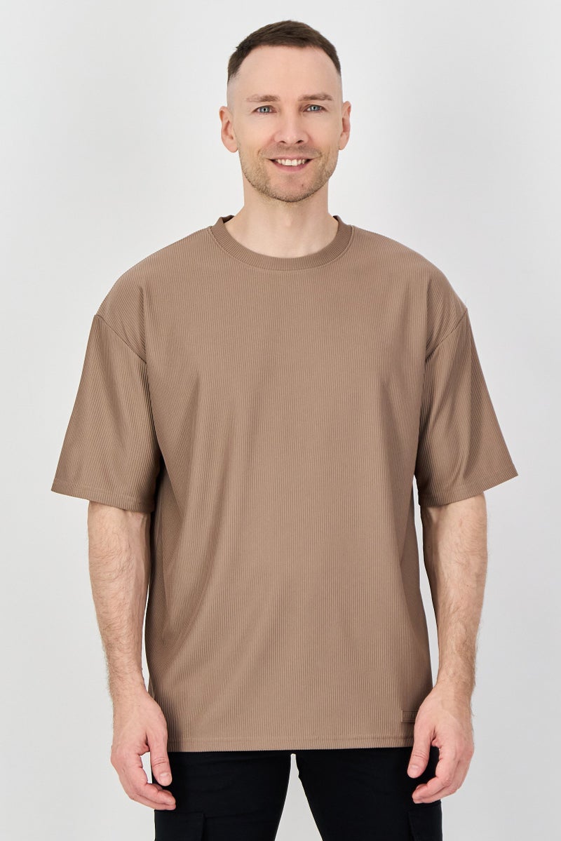 Core Elements Men Crew Neck Short Sleeve Brand Logo T Shirt, Taupe - Image 1