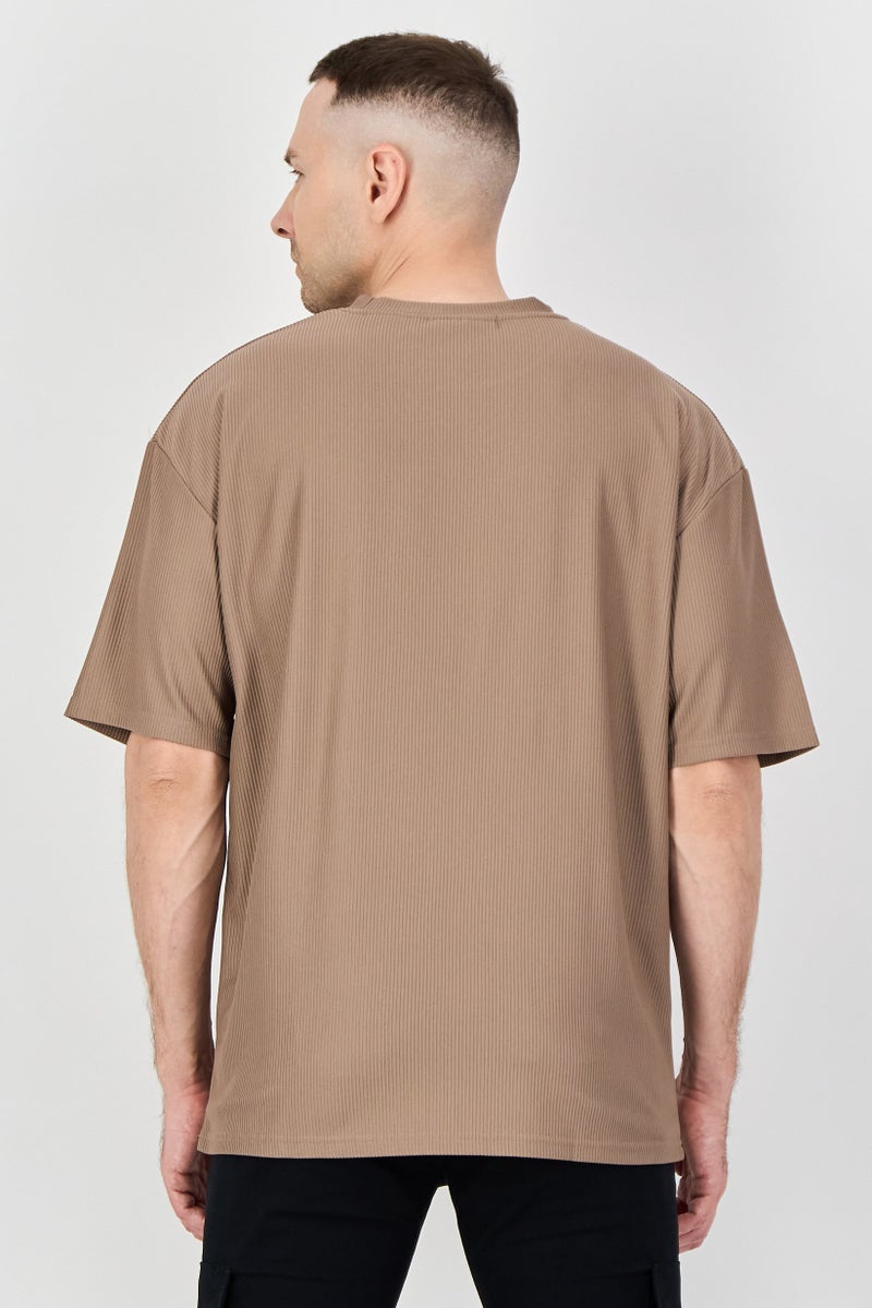 Core Elements Men Crew Neck Short Sleeve Brand Logo T Shirt, Taupe - Image 3
