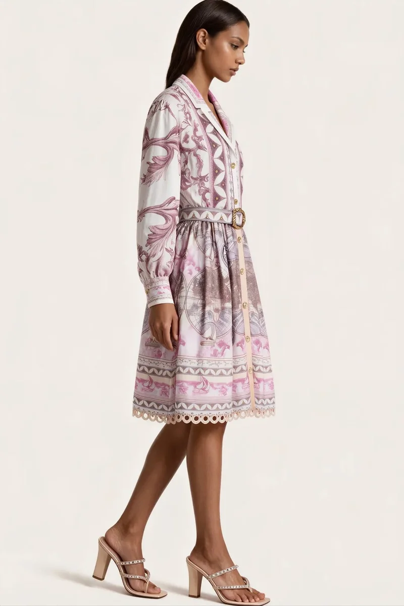 جينيفر Geometric Belted Shirt Dress