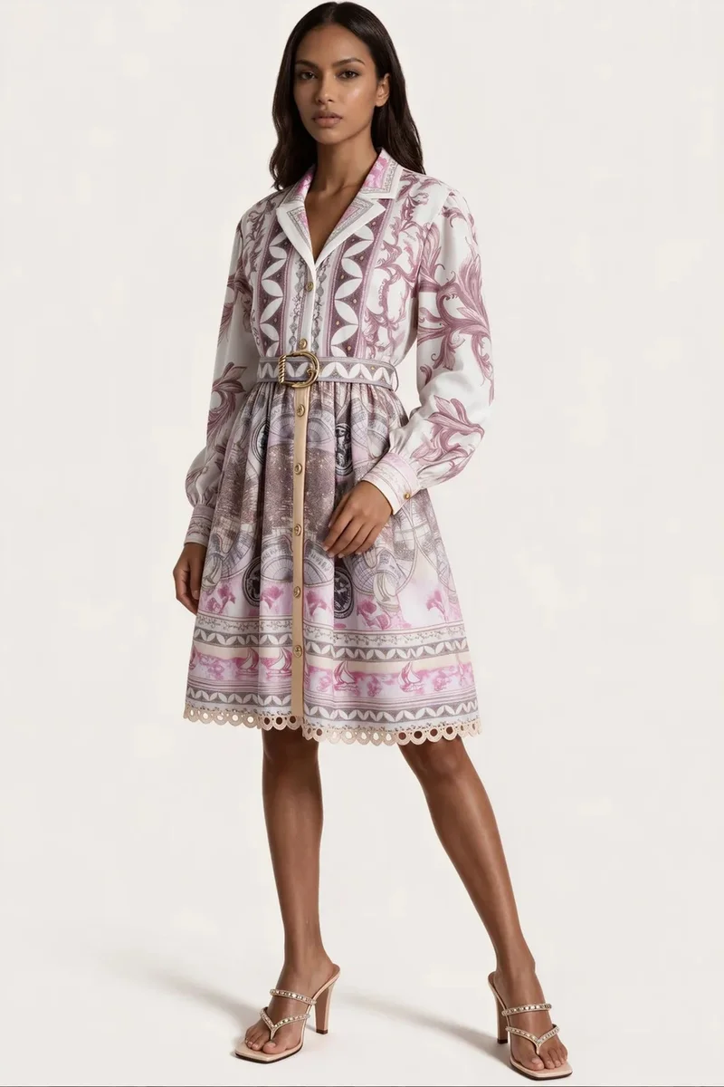 جينيفر Geometric Belted Shirt Dress