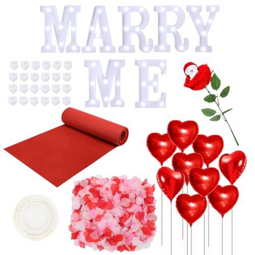 Zealor Marry Me Light Up Letters Proposal Decorations Marry Me Sign 24 LED Candles 2000 Rose Petals 10 Foil Balloon 10ft Carpet Runner Rose Ring Box for Valentine's Day Wedding Proposal Engagement (Wh