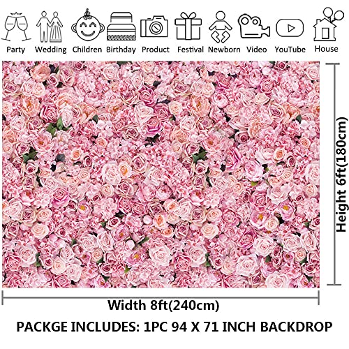 CGXINS 8x6ft Pink Rose Wall Picture Photo Background Pink Flowers Photography Backdrop for Girls Birthday Party Wedding Bridal Shower Party Banner Decoration - Image 3