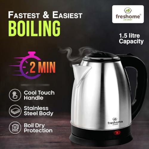 FRESHOME Electric Kettle 1.5 Litre, 1500 Watts Stainless Steel Auto Shut Off Cordless Electric Water Boiler for Tea, Coffee, Milk, Hot Water, Instant Noodles (Silver & Black) - Image 3