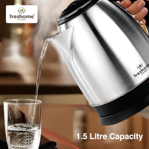 FRESHOME Electric Kettle 1.5 Litre, 1500 Watts Stainless Steel Auto Shut Off Cordless Electric Water Boiler for Tea, Coffee, Milk, Hot Water, Instant Noodles (Silver & Black) - Image 4