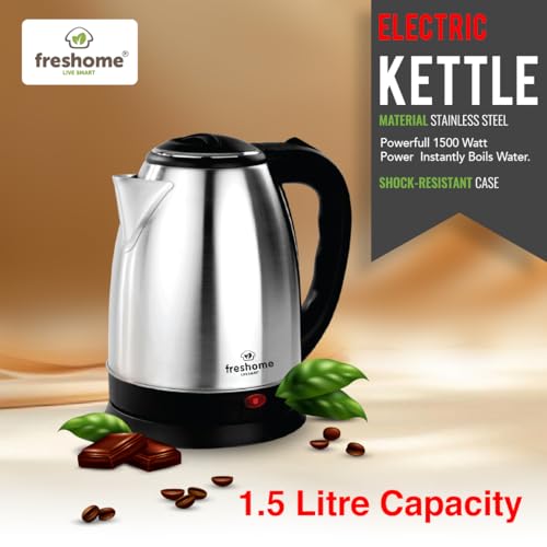FRESHOME Electric Kettle 1.5 Litre, 1500 Watts Stainless Steel Auto Shut Off Cordless Electric Water Boiler for Tea, Coffee, Milk, Hot Water, Instant Noodles (Silver & Black) - Image 2