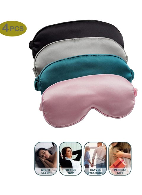 4 PCS Soft Silk Sleep Eye Mask with Adjustable Strap, Comfortable Organic Mulberry Silk Blindfold, Blocks Light Reduces Puffy Eye-Mask