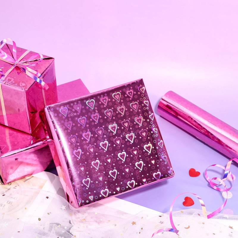 LeZakaa Pink Holographic Wrapping Paper Roll, Shiny Heart Pattern Metallic Foil for Valentines, Wedding, Anniversary, Birthday & Party Celebrations, Mini Roll 17 in x 32.8 ft - Image 5