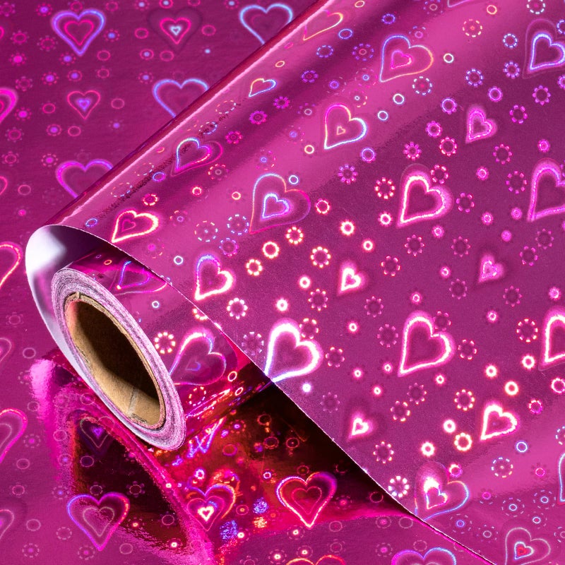 LeZakaa Pink Holographic Wrapping Paper Roll, Shiny Heart Pattern Metallic Foil for Valentines, Wedding, Anniversary, Birthday & Party Celebrations, Mini Roll 17 in x 32.8 ft - Image 1