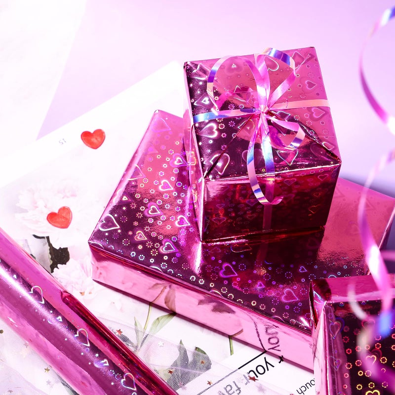LeZakaa Pink Holographic Wrapping Paper Roll, Shiny Heart Pattern Metallic Foil for Valentines, Wedding, Anniversary, Birthday & Party Celebrations, Mini Roll 17 in x 32.8 ft - Image 2