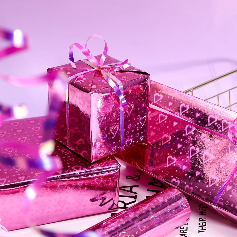 LeZakaa Pink Holographic Wrapping Paper Roll, Shiny Heart Pattern Metallic Foil for Valentines, Wedding, Anniversary, Birthday & Party Celebrations, Mini Roll 17 in x 32.8 ft - Image 4