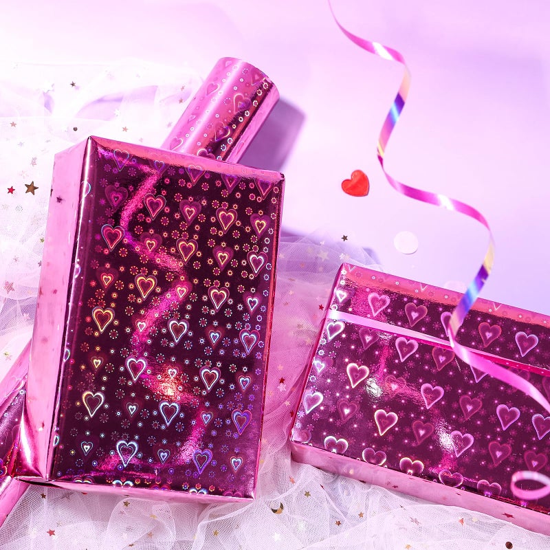 LeZakaa Pink Holographic Wrapping Paper Roll, Shiny Heart Pattern Metallic Foil for Valentines, Wedding, Anniversary, Birthday & Party Celebrations, Mini Roll 17 in x 32.8 ft - Image 3