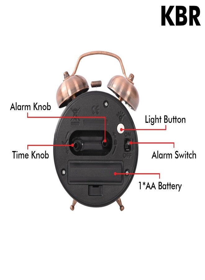KBR ساعة منبه طاولة عتيقة من KBR بجرسين مزدوجين مع إضاءة LED ليلية، ساعة منبه تناظرية عالية الصوت، مثالية لغرف نوم الطلاب والأطفال (نحاسي)، 8×9 سم - Image 4