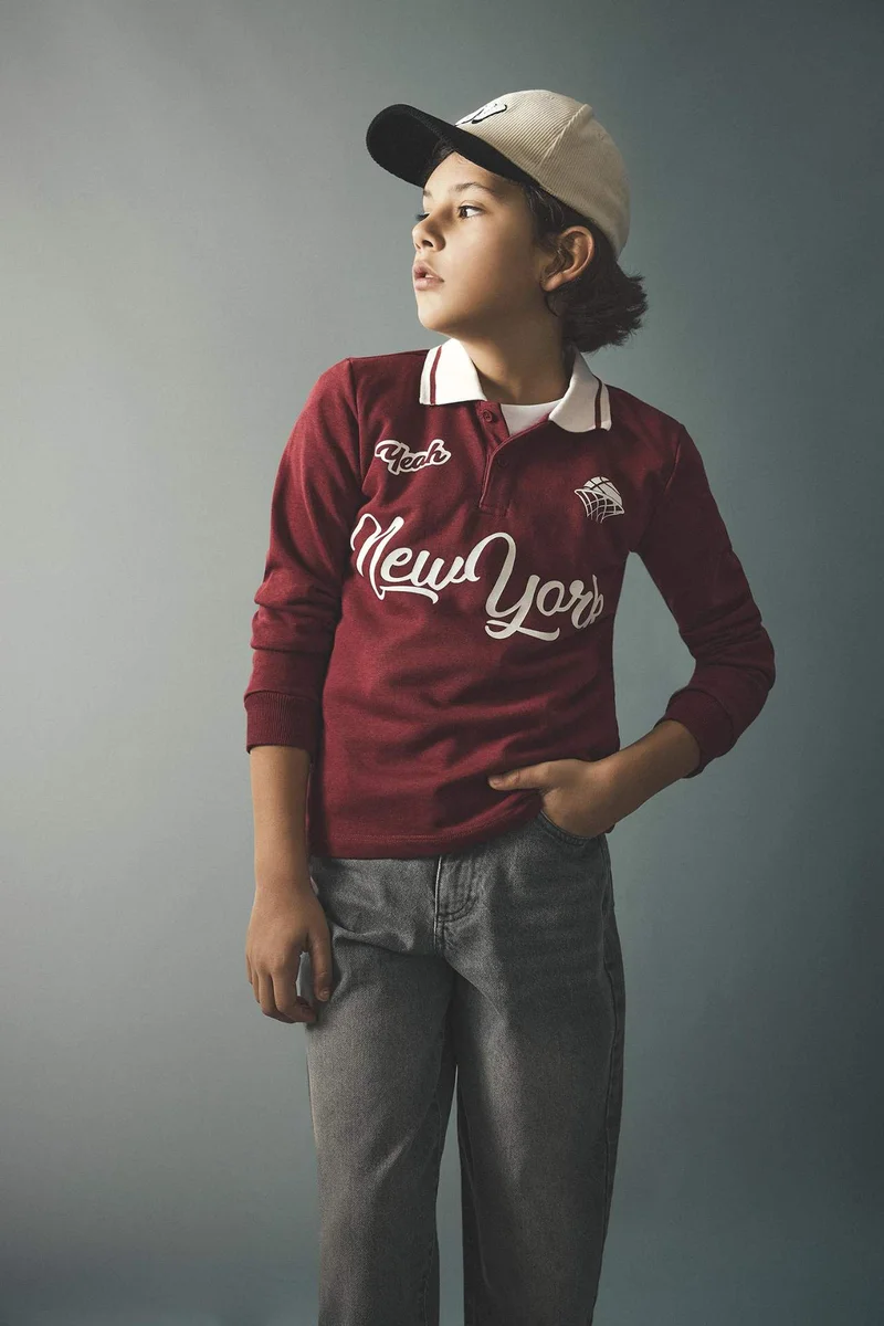 DeFacto Boy Regular Fit Printed Long Sleeve Polo T-Shirt