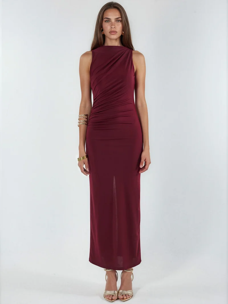 Hiccup Burgundy Red Ruched Detail Bodycon Maxi Dress for Women | Best Price UAE