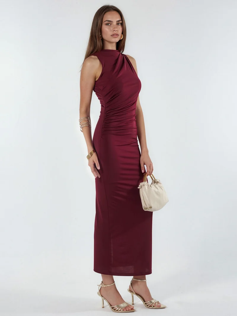 Hiccup Burgundy Red Ruched Detail Bodycon Maxi Dress for Women | Best Price UAE