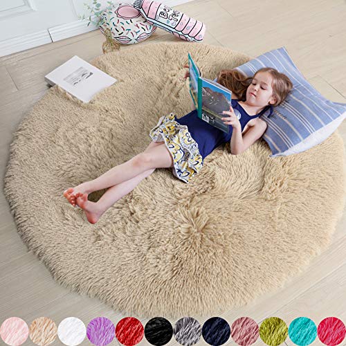 Amdrebio Beige Round Area Rugs 5Ft for Bedroom Fluffy Plush Shag Furry Circle Rug for Kids Room Living Room Decor Aesthetic Fuzzy Circular Tan Neutral Carpet for Teens Baby Nursery Playroom Dorm