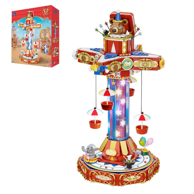 PANTASY Circus Paradrop Building Block Set Retro Carnival Display Model with LED Lights Motorized Moving Ride Colorful Star Columns Magic Box Teddy Bear TypeC Powered Interactive Adult Collector - Image 3