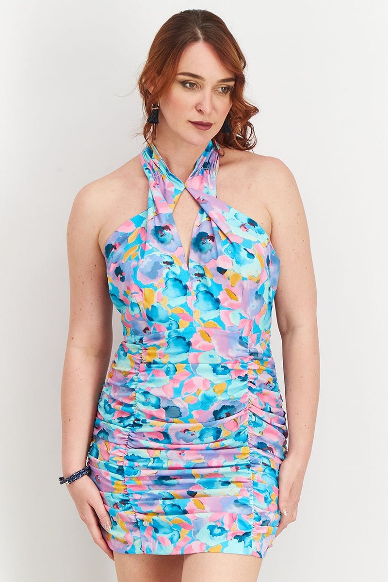 Reserved Women Halter Neckline All Over Print Ruffle Bodycon Dress, Turquoise Combo - Image 1