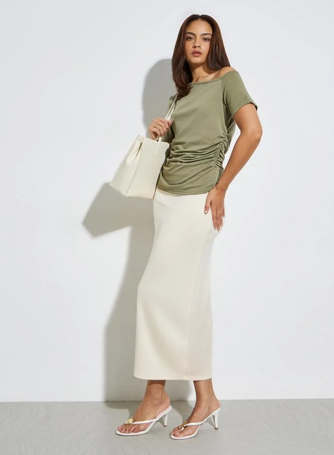 Styli Olive Asymmetric Neck Ruched T-Shirt