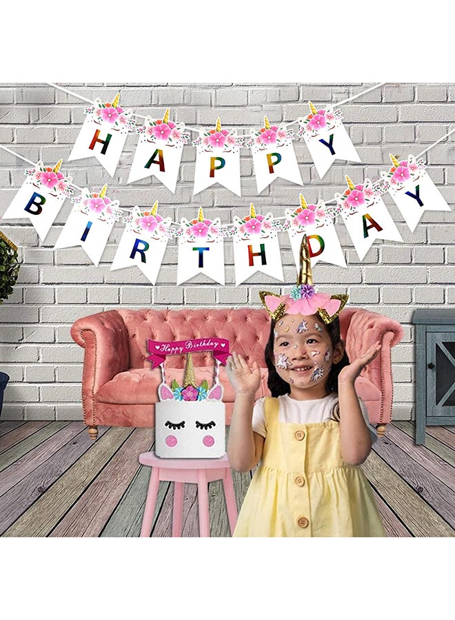 Goldedge Unicorn Happy Birthday Banner Floral Unicorn Design with Pink Ribbon 42-Inch Adjustable Party Décor - Image 2