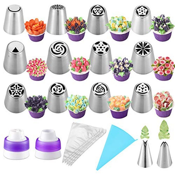 27 PIECES RUSSIAN PIPING TIPS SET CAKE DECORATING TIPS BAKING SUPPLIES FOR CUPCAKE COOKIES BIRTHDAY PARTY 12 ICING TIPS 10 PASTRY BAKING BAGS 2 LEAF PIPING TIPS 2 COUPLERS 1 SILICONE BAG