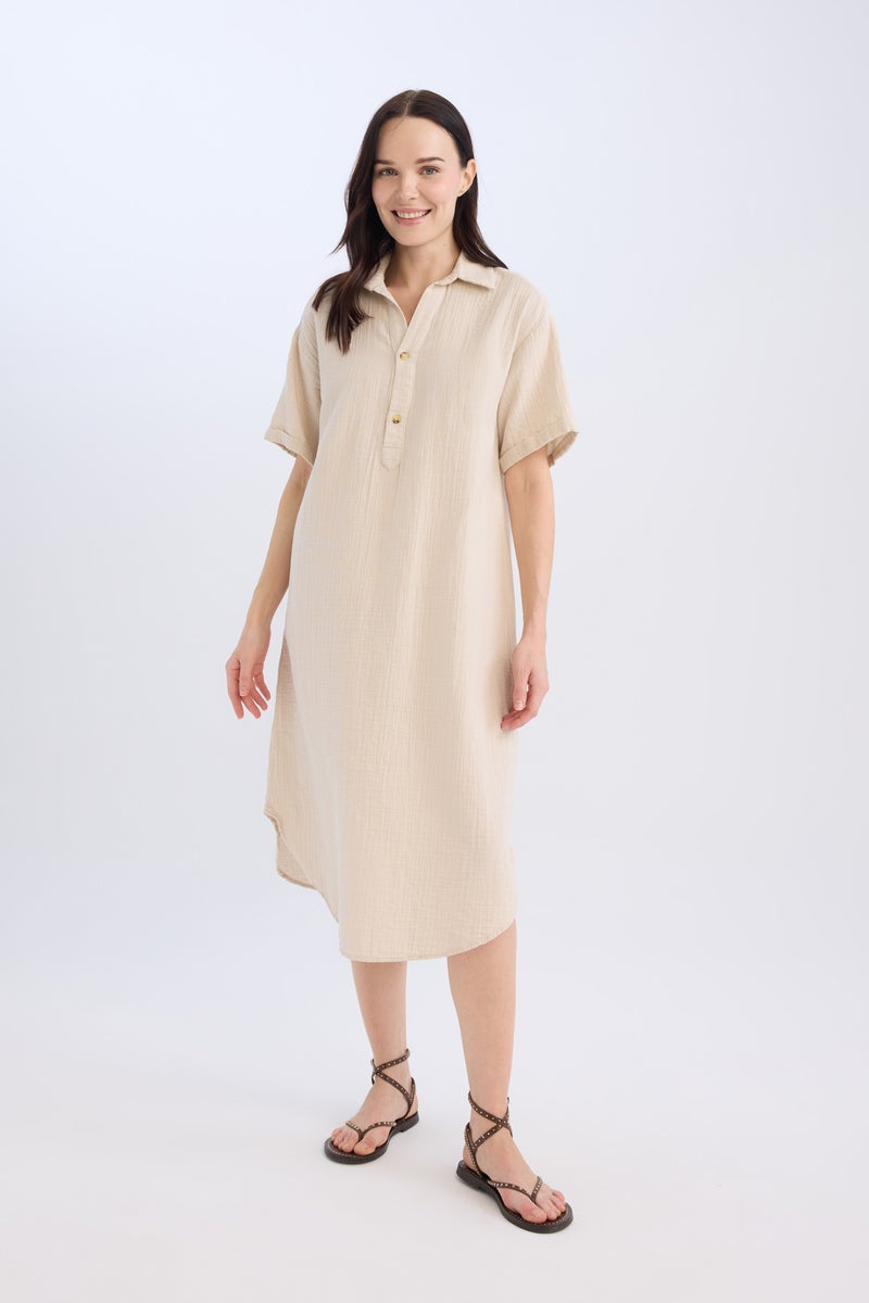 DeFacto Woman Regular Fit Polo Collar Muslin Double Sleeves Dress - Image 3