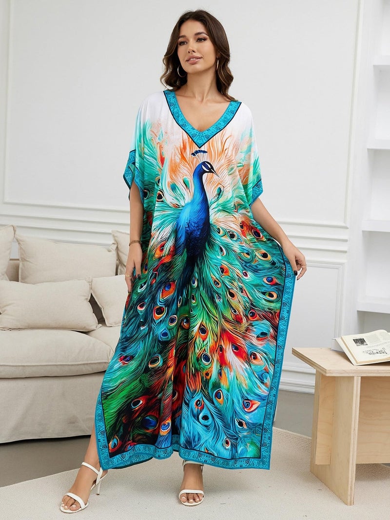 IMAGEKOPE Women's Plus Size Loose Fit Moroccan Print V-Neck Batwing Kaftan Beach Dress Bathing Suit Cover Up - Image 2