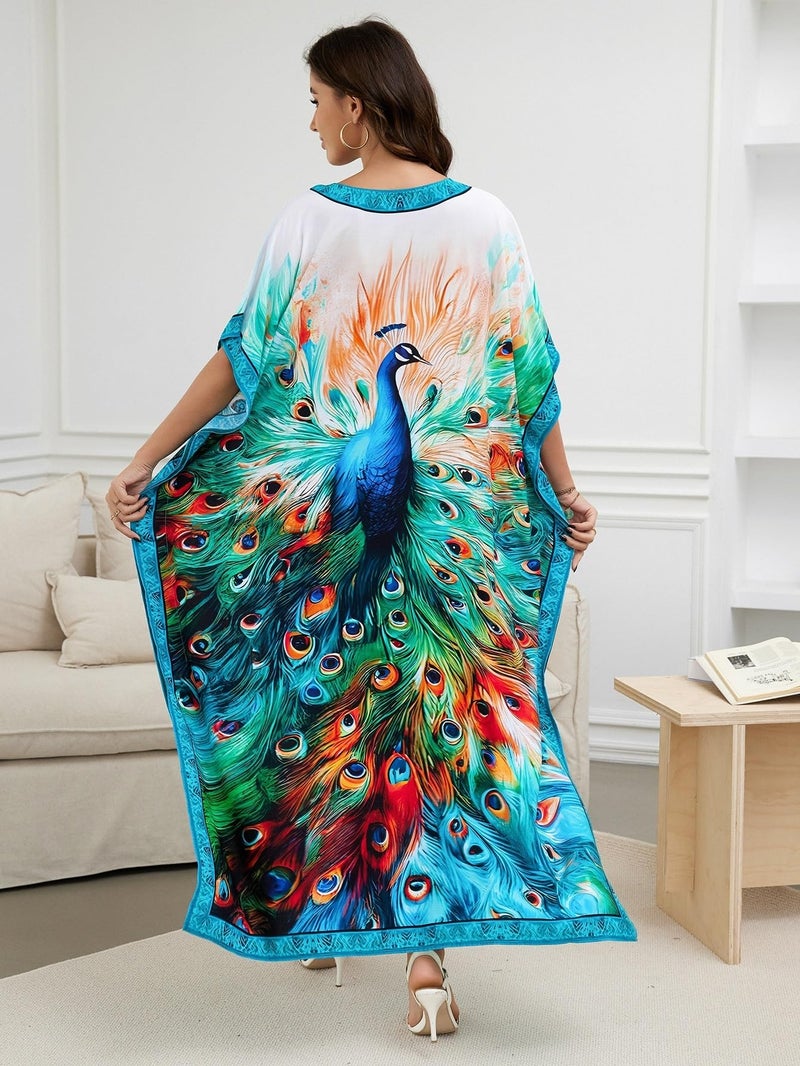 IMAGEKOPE Women's Plus Size Loose Fit Moroccan Print V-Neck Batwing Kaftan Beach Dress Bathing Suit Cover Up - Image 5