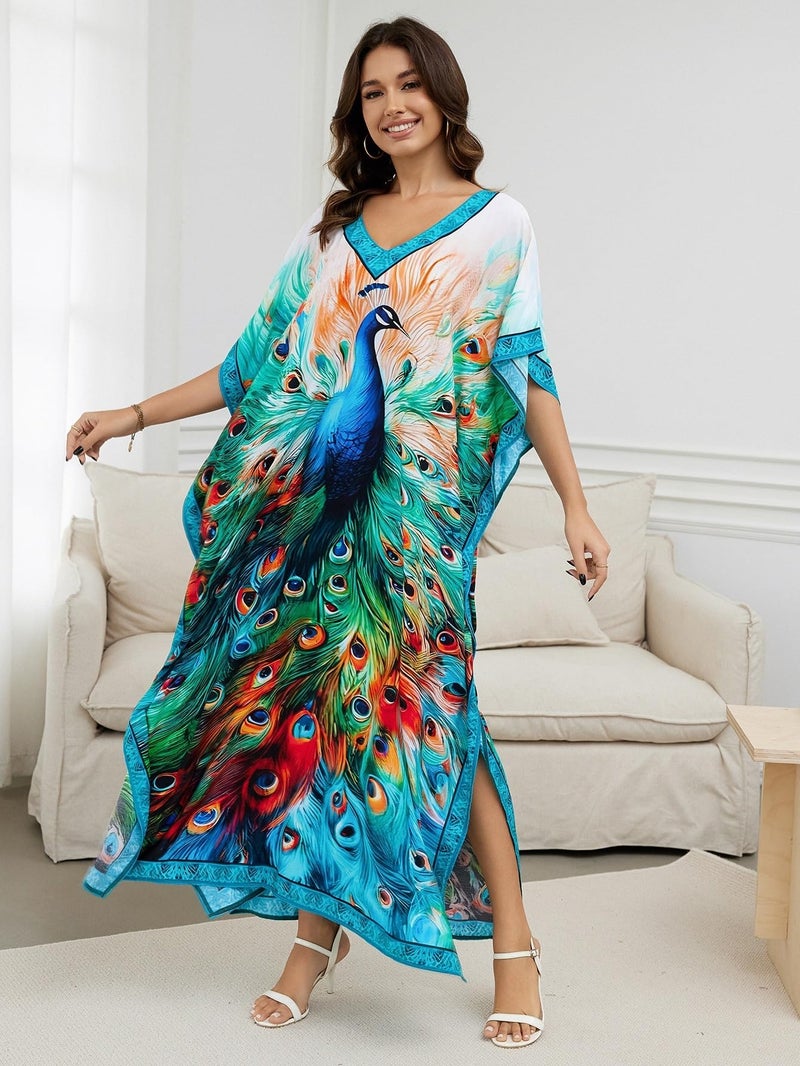 IMAGEKOPE Women's Plus Size Loose Fit Moroccan Print V-Neck Batwing Kaftan Beach Dress Bathing Suit Cover Up - Image 4
