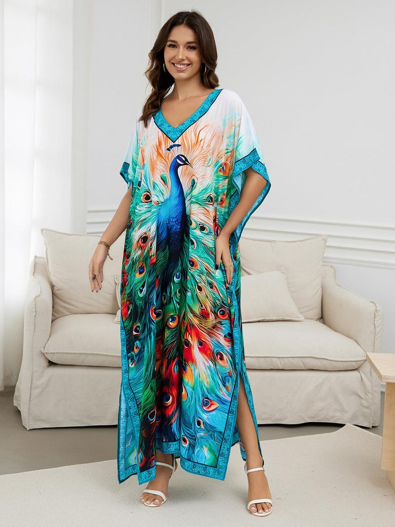 IMAGEKOPE Women's Plus Size Loose Fit Moroccan Print V-Neck Batwing Kaftan Beach Dress Bathing Suit Cover Up - Image 3